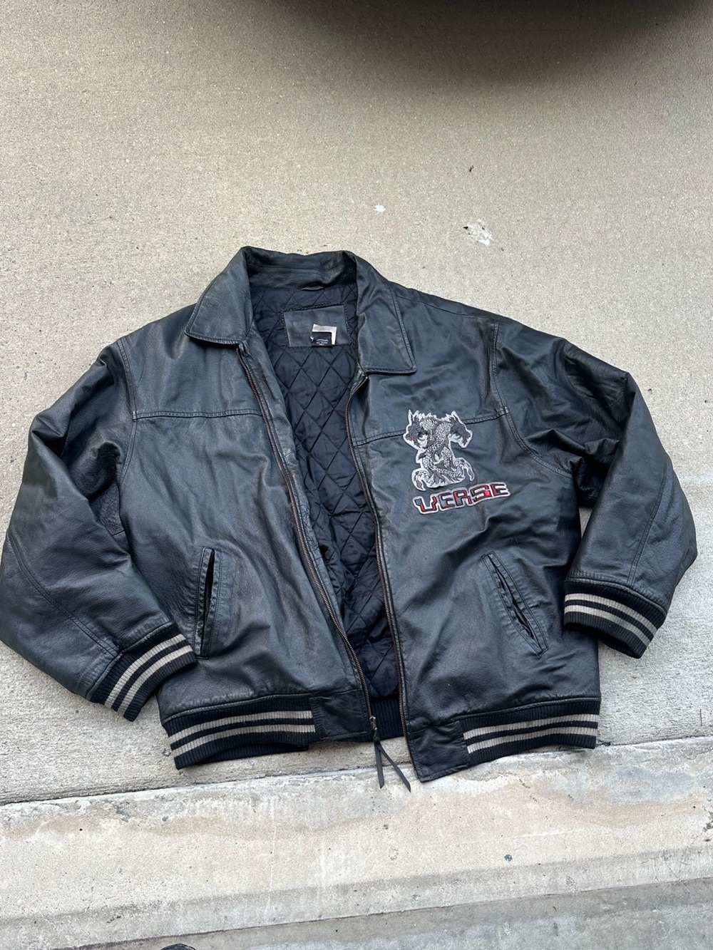 Verse Black Leather Snake Bomber Jacket with Embroidered Graphic